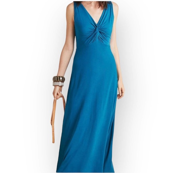 ANTHROPOLOGIE Maeve Camilla Teal Maxi Dress V Neck Knot Front Blue Size XS - Picture 4 of 15